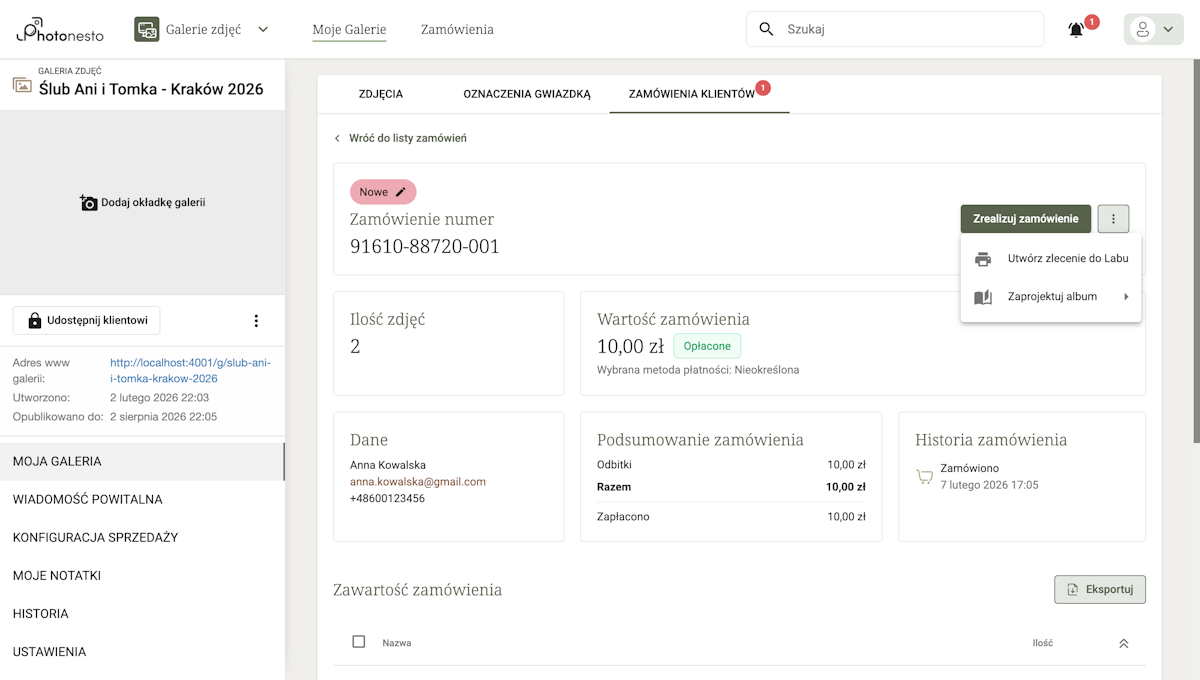 Menu realizacji zamówienia z opcjami: Utwórz zlecenie do Labu, Zaprojektuj album