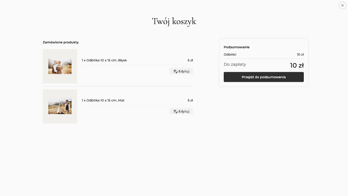 Koszyk klienta z listą wybranych odbitek, cenami i sumą zamówienia