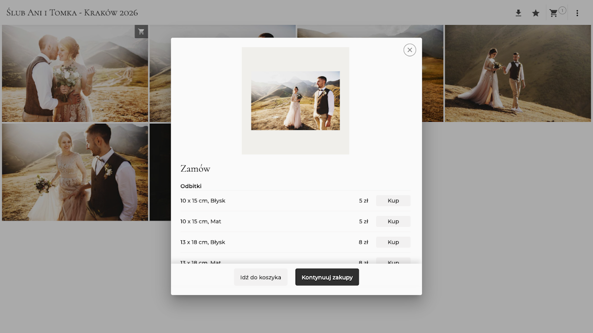 Modal Zamów z listą produktów: odbitki w różnych formatach i papierach oraz produkty własne