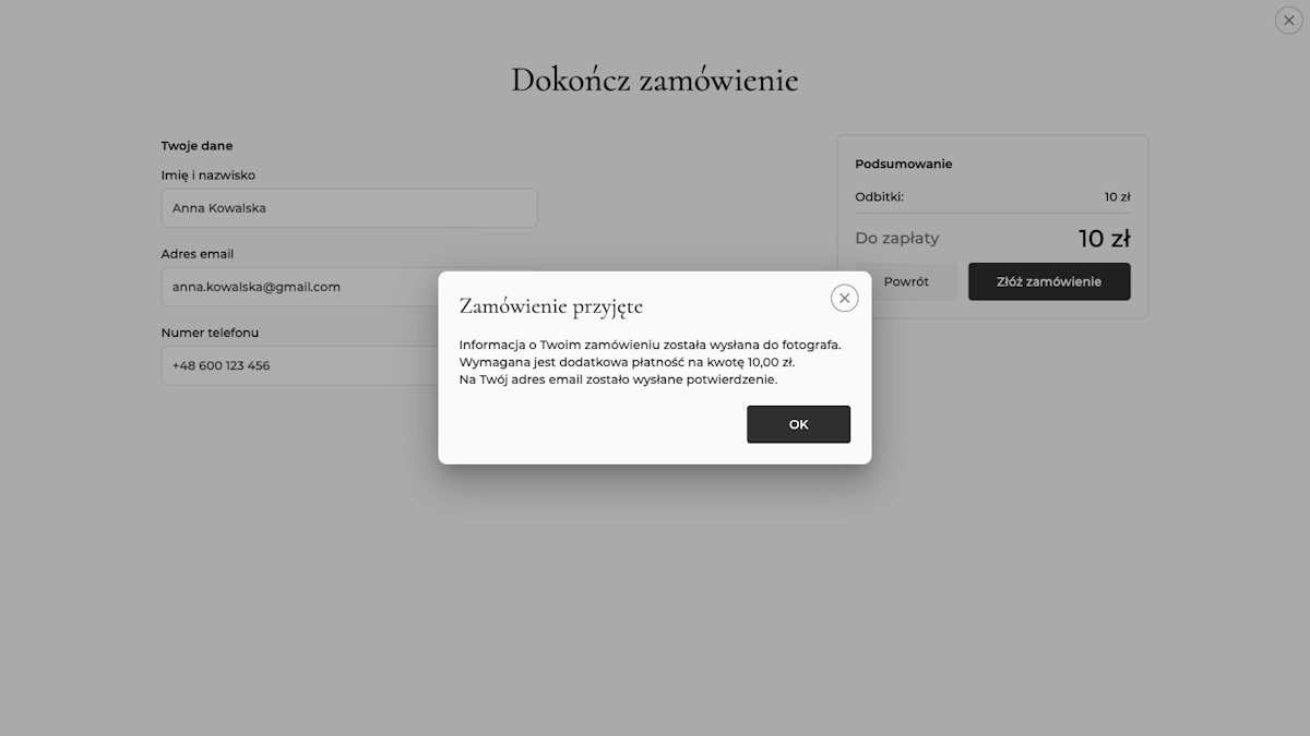 Dialog potwierdzenia: Zamówienie przyjęte, informacja o wymaganej płatności