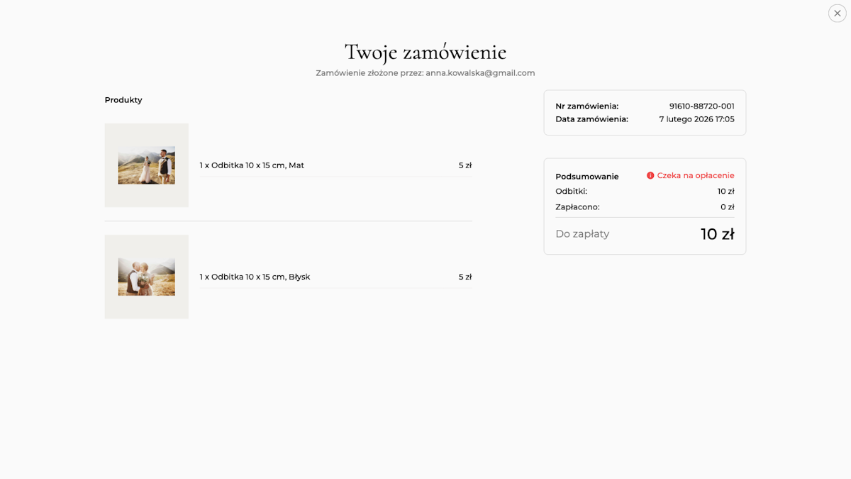 Strona zamówienia klienta: numer zamówienia, produkty z miniaturkami, status Czeka na opłacenie