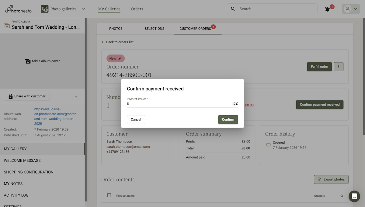 Payment confirmation dialog with amount field