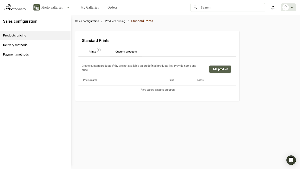 Custom products tab with a list of additional products: albums, canvas prints