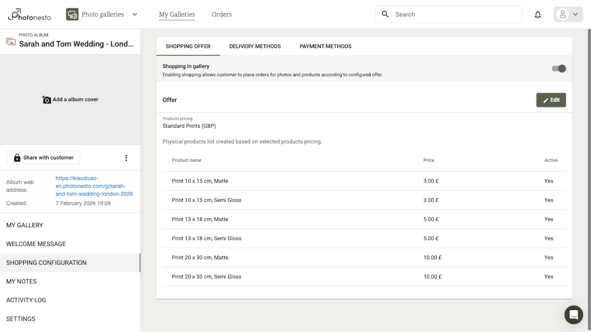 Gallery settings with the shopping toggle enabled and products list