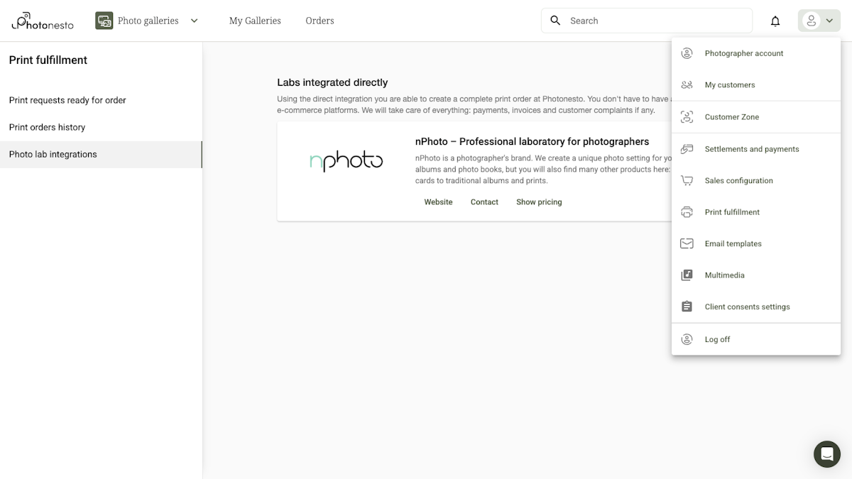 User menu showing the path: Print fulfillment → Photo lab integrations