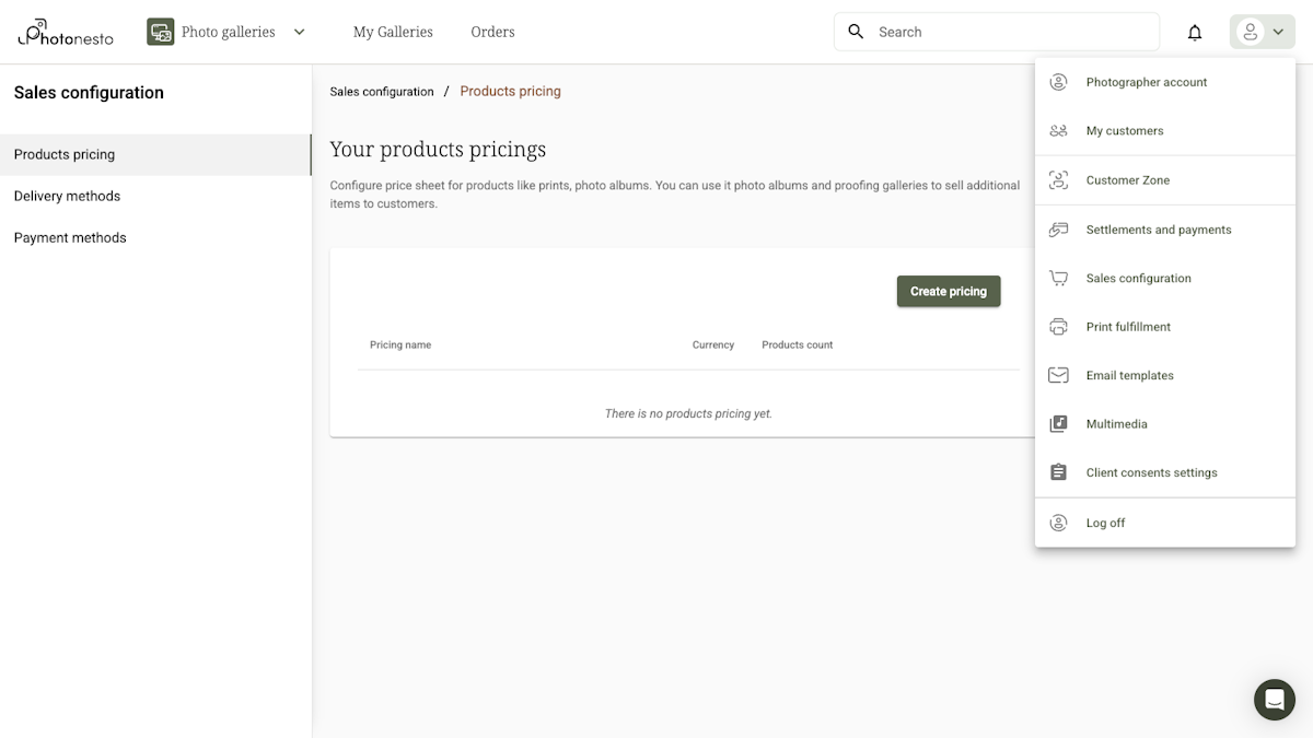 User menu showing the path: Sales configuration → Products pricing