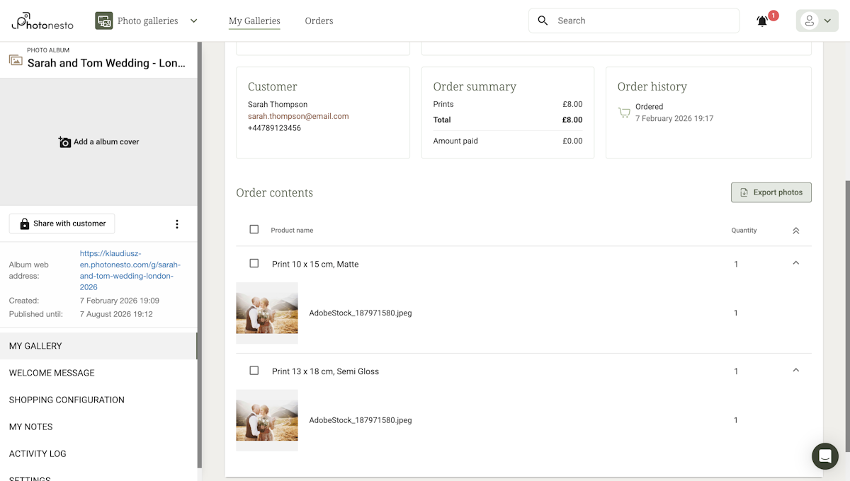Order contents with product list and photo thumbnails