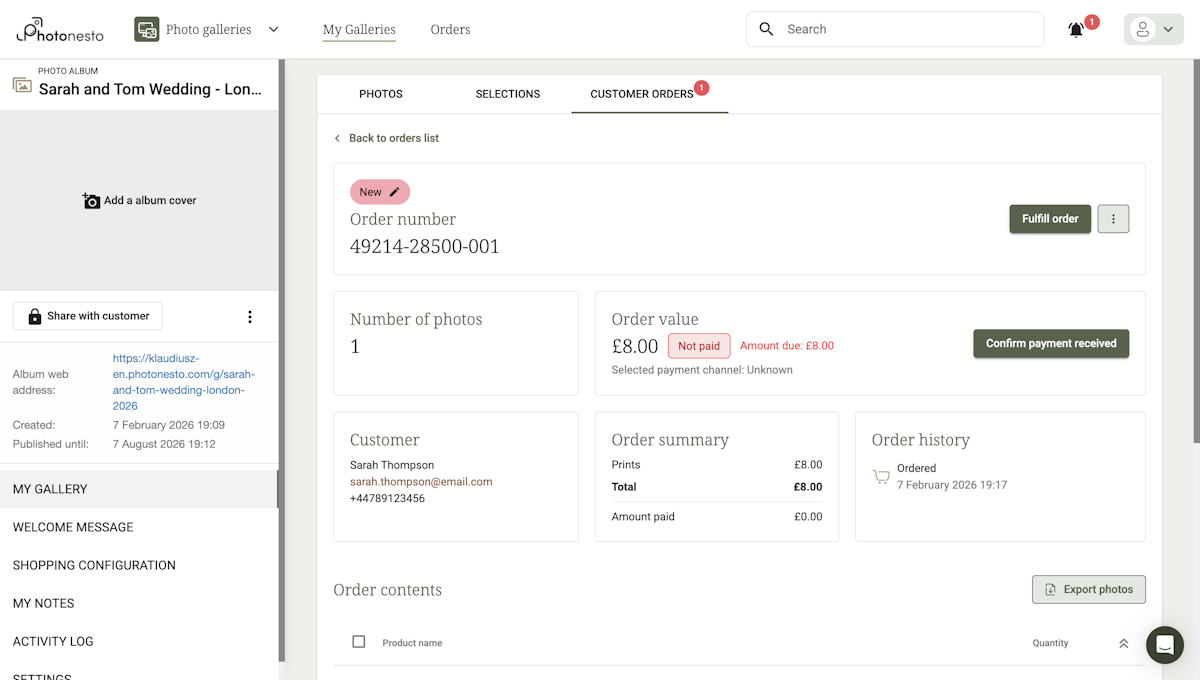 Order details: status, value, customer data, financial summary, history