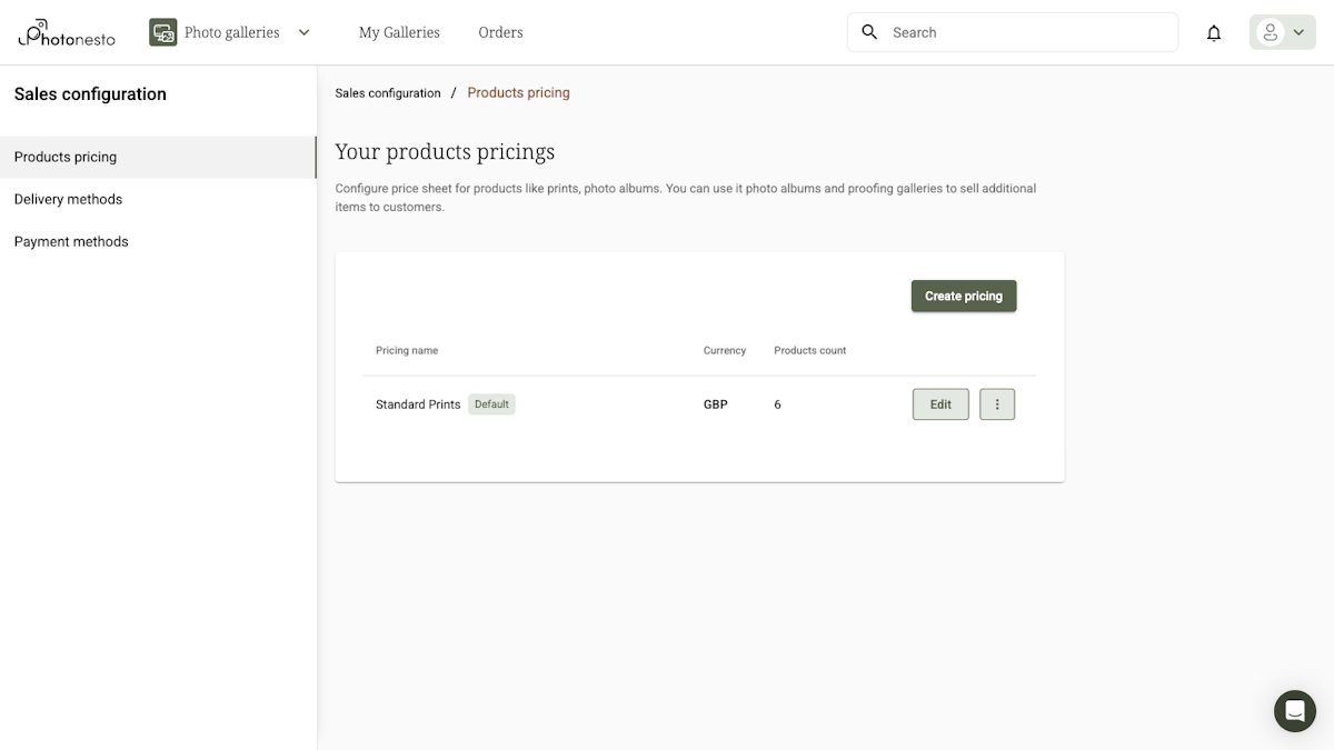 Products pricing list showing Standard Prints with GBP currency and 6 products