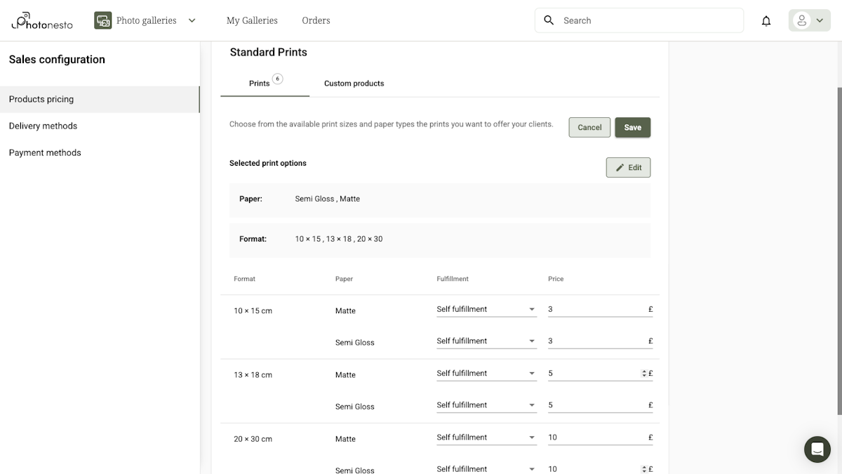 Product pricing table with columns: Format, Paper, Fulfillment, Price