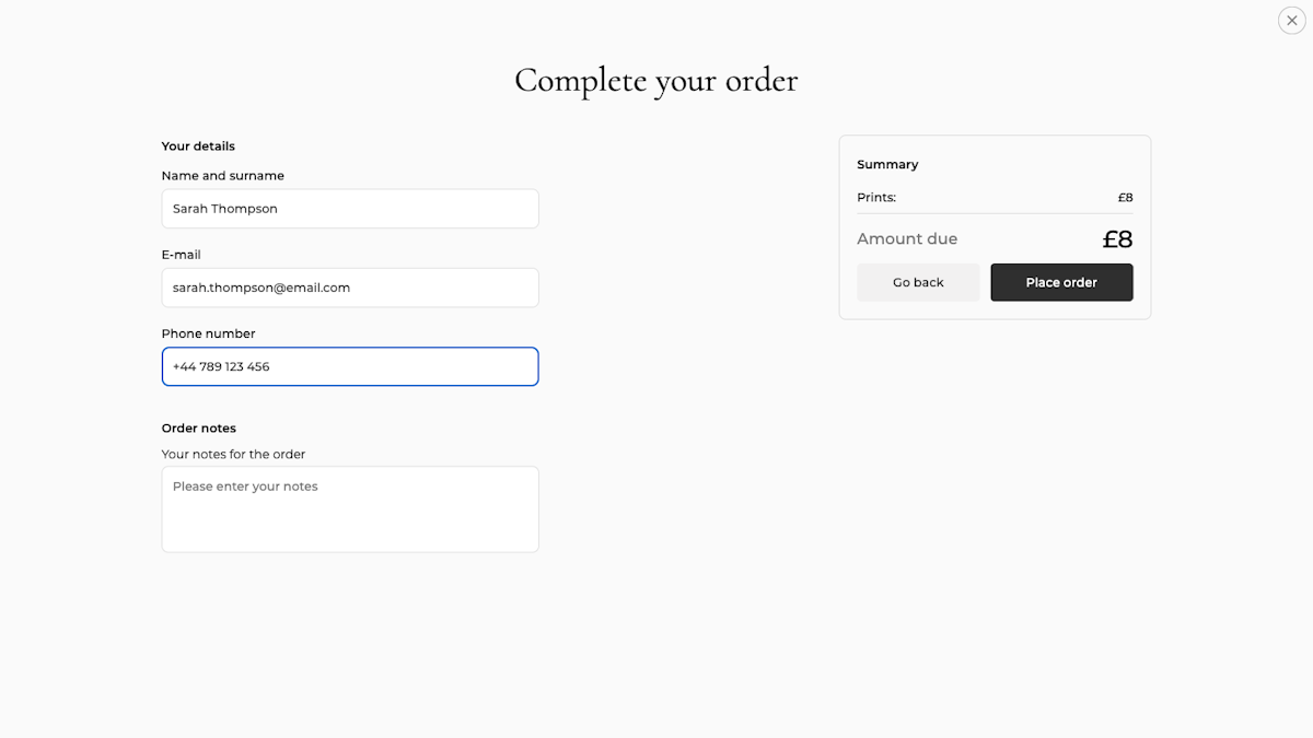 Order form with contact details: name, email, phone and amount summary