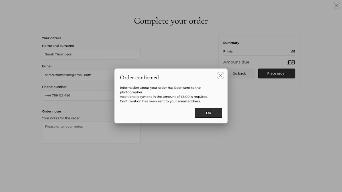 Confirmation dialog: Order confirmed, information about required payment
