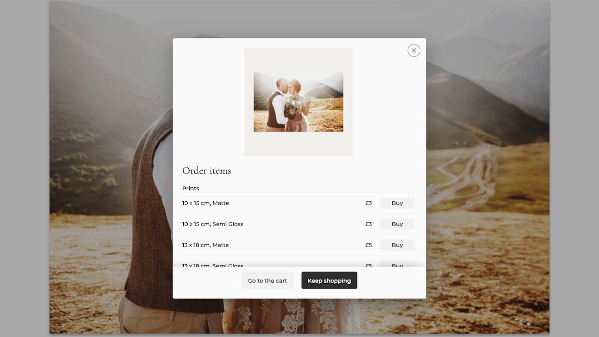 Order items modal with a list of products: prints in various formats and papers