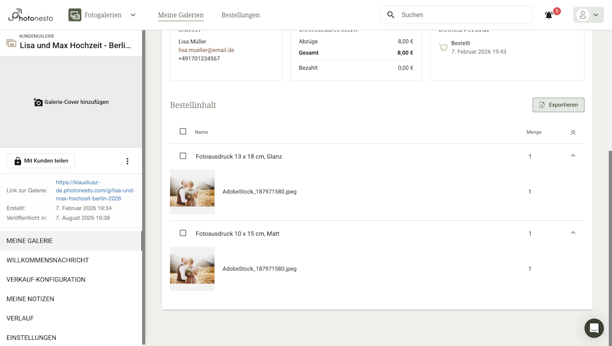 Bestellinhalt mit Produktliste und Foto-Vorschauen