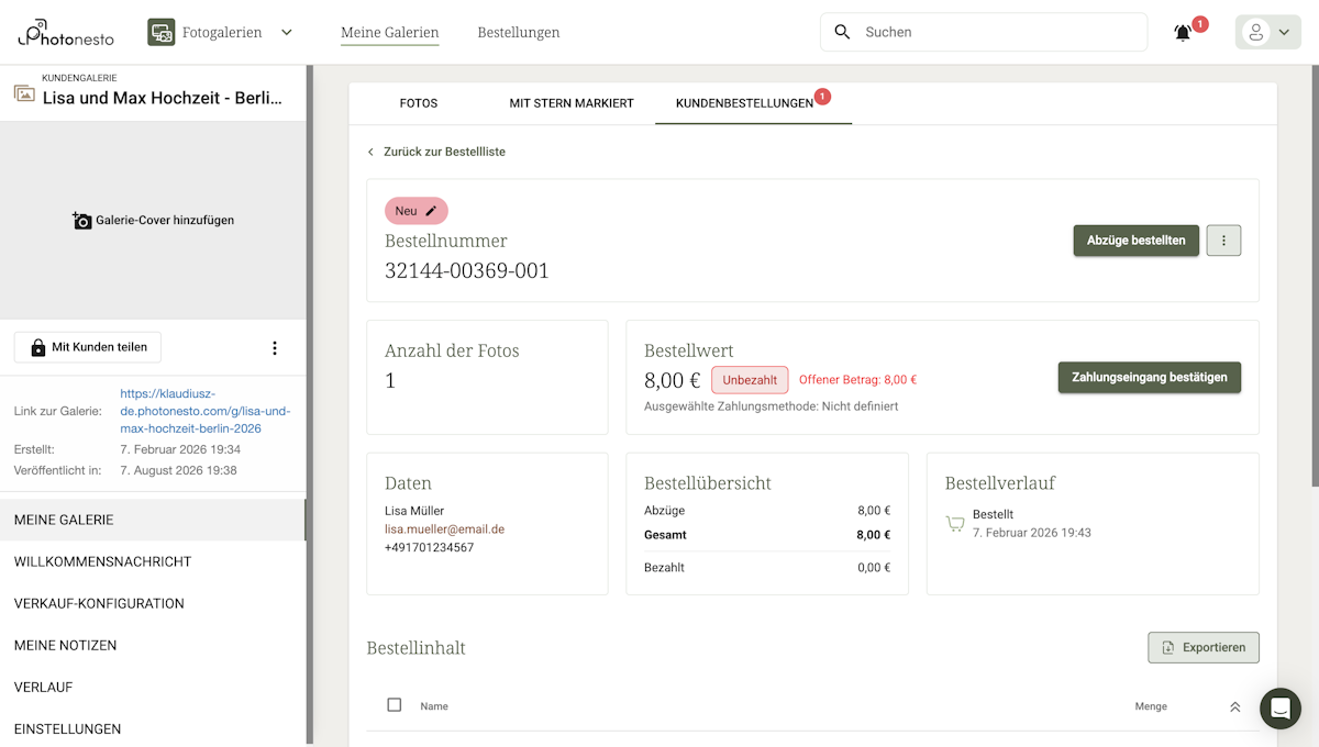 Bestelldetails: Status, Wert, Kundendaten, Finanzübersicht, Verlauf