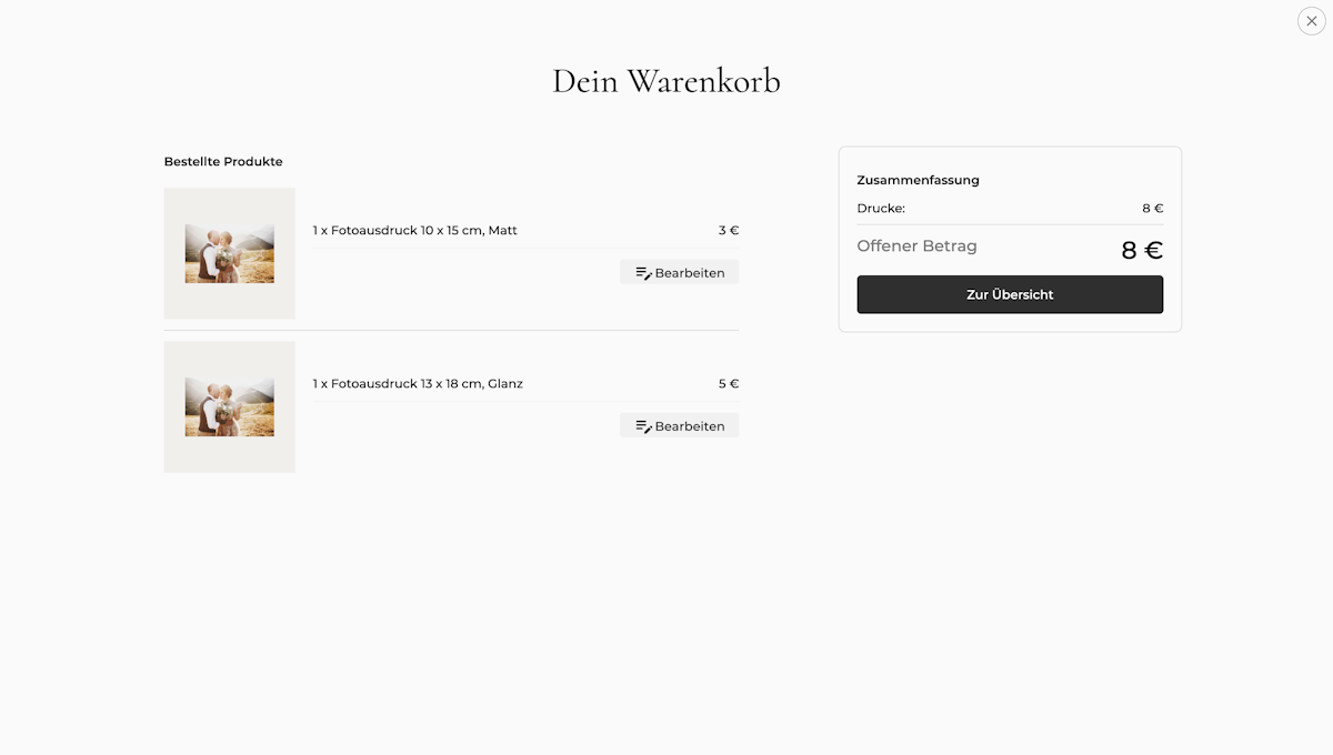 Kundenwarenkorb mit einer Liste ausgewählter Abzüge, Preisen und Gesamtbetrag