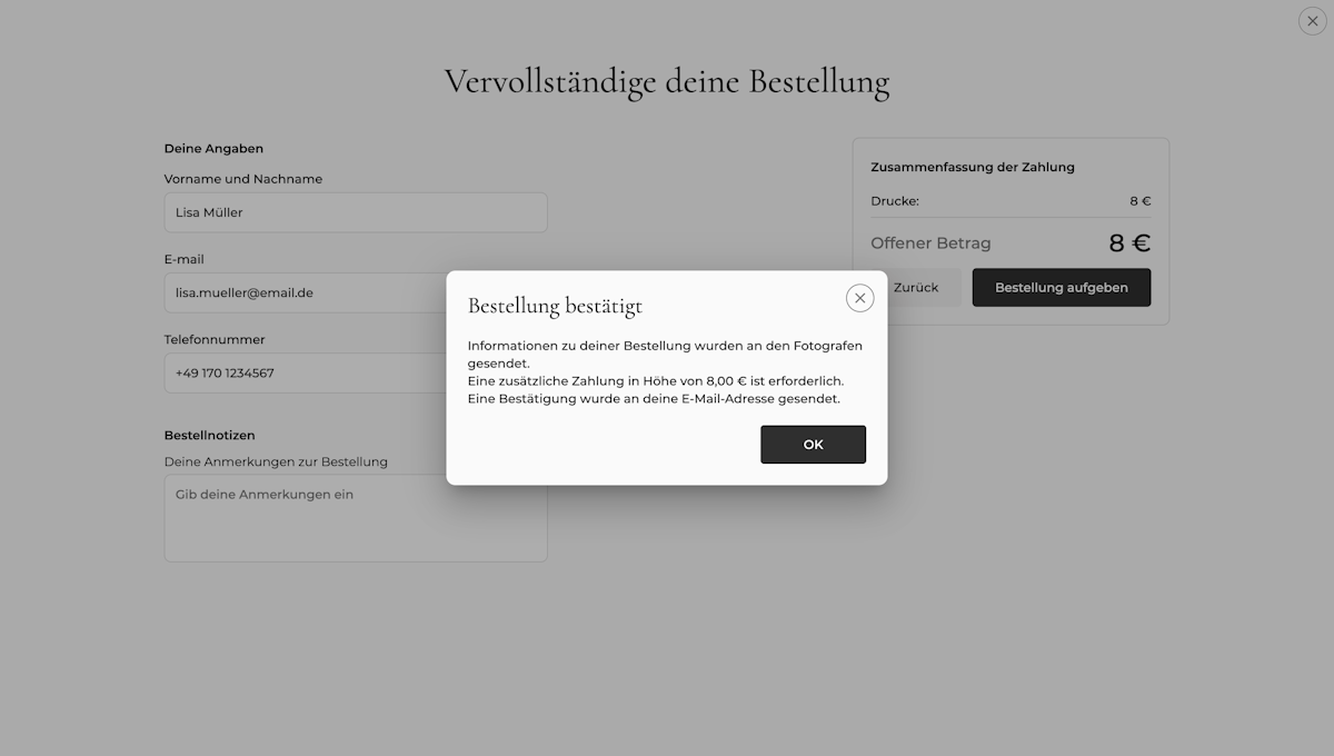 Bestätigungsdialog: Bestellung bestätigt, Information über die erforderliche Zahlung