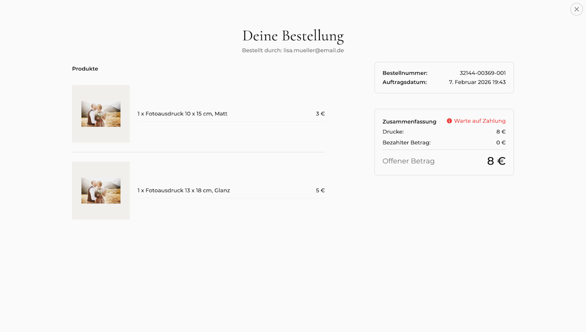 Kundenbestellseite: Bestellnummer, Produkte mit Vorschauen, Status Warte auf Zahlung