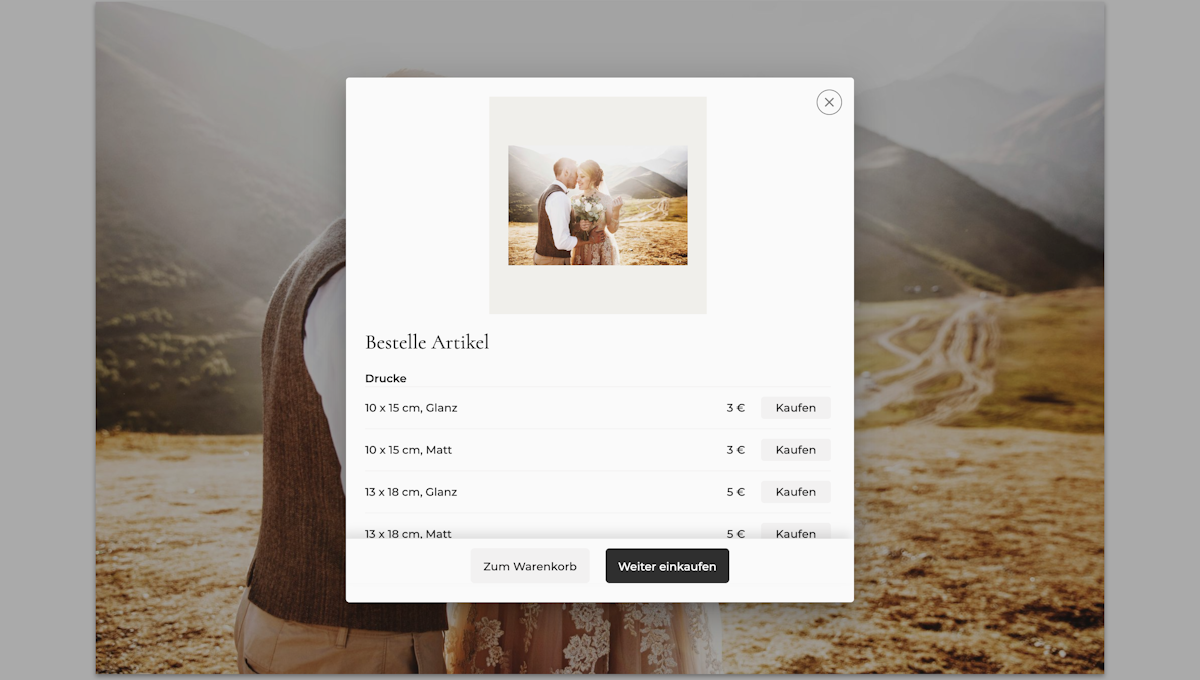 Bestelle Artikel-Dialog mit einer Liste von Produkten: Drucke in verschiedenen Formaten und Papierarten