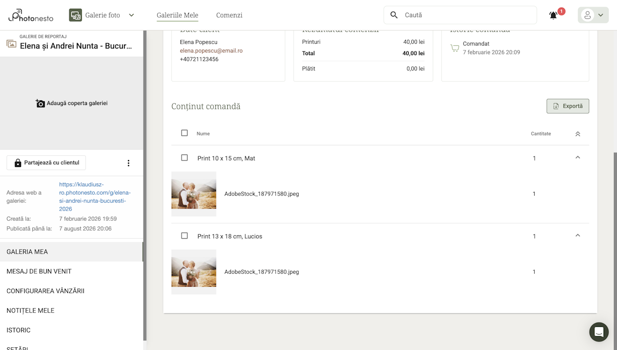 Conținutul comenzii cu lista produselor și miniaturi ale fotografiilor