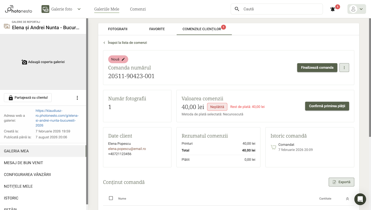 Detaliile comenzii: status, valoare, date client, rezumat financiar, istoric
