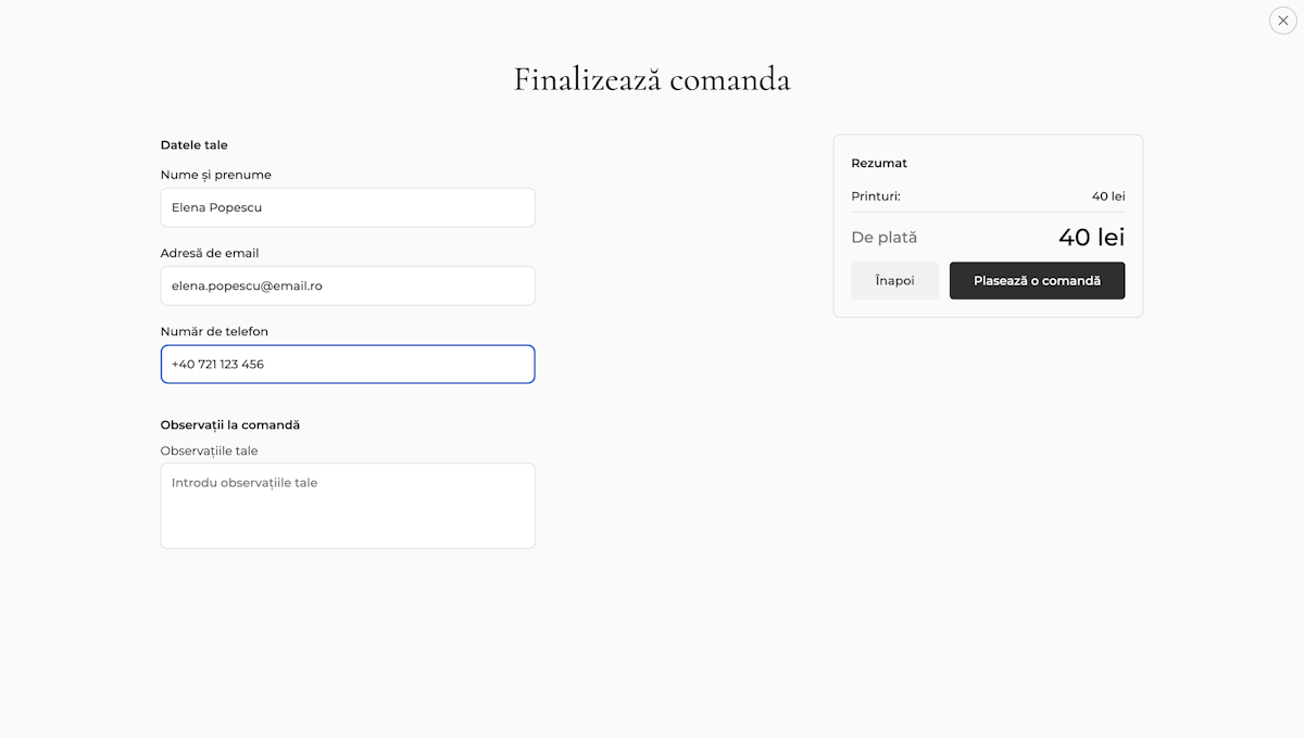 Formularul de comandă cu datele de contact: nume, email, telefon și rezumatul sumei