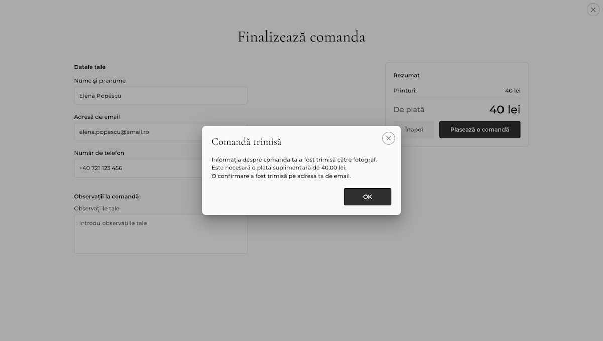 Dialog de confirmare: Comandă trimisă, informații despre plata necesară