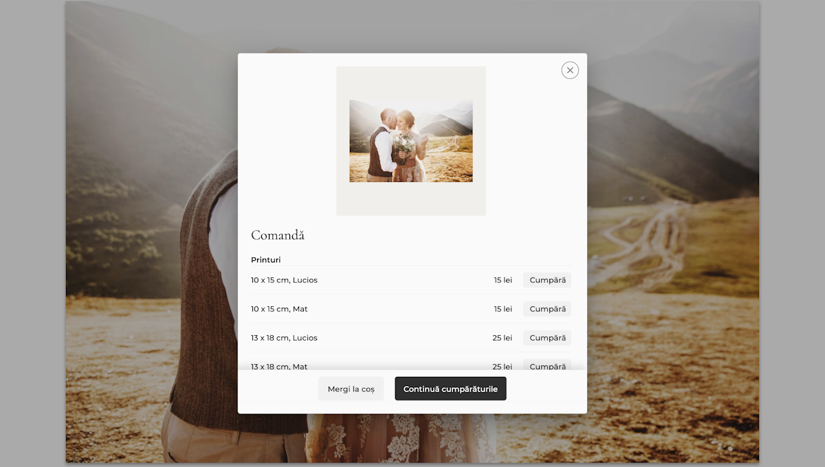 Modalul Comandă cu o listă de produse: printuri în diverse formate și hârtii