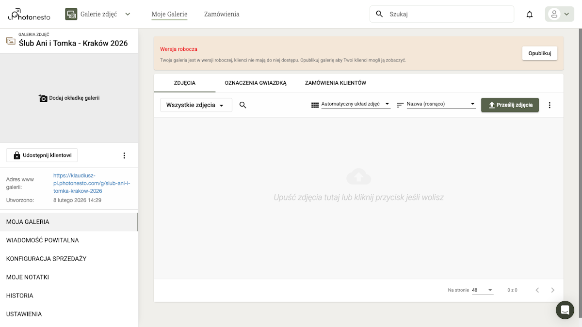 Nowo utworzona galeria z przyciskiem Dodaj okładkę galerii