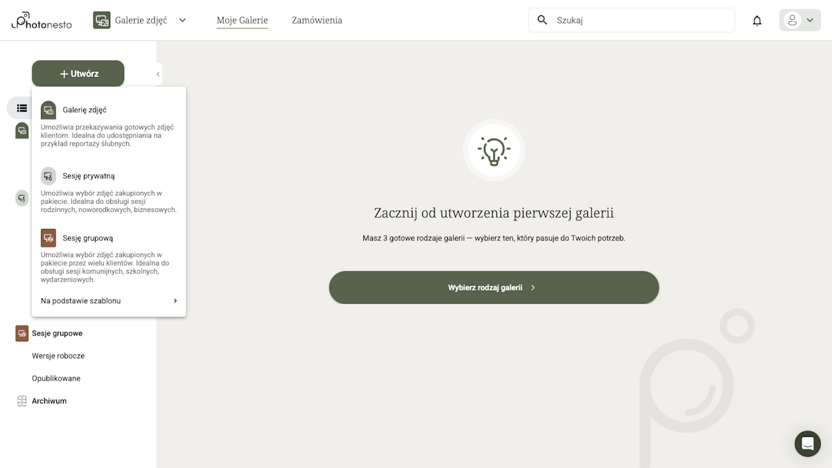 Menu wyboru typu galerii z opcją Galerię zdjęć