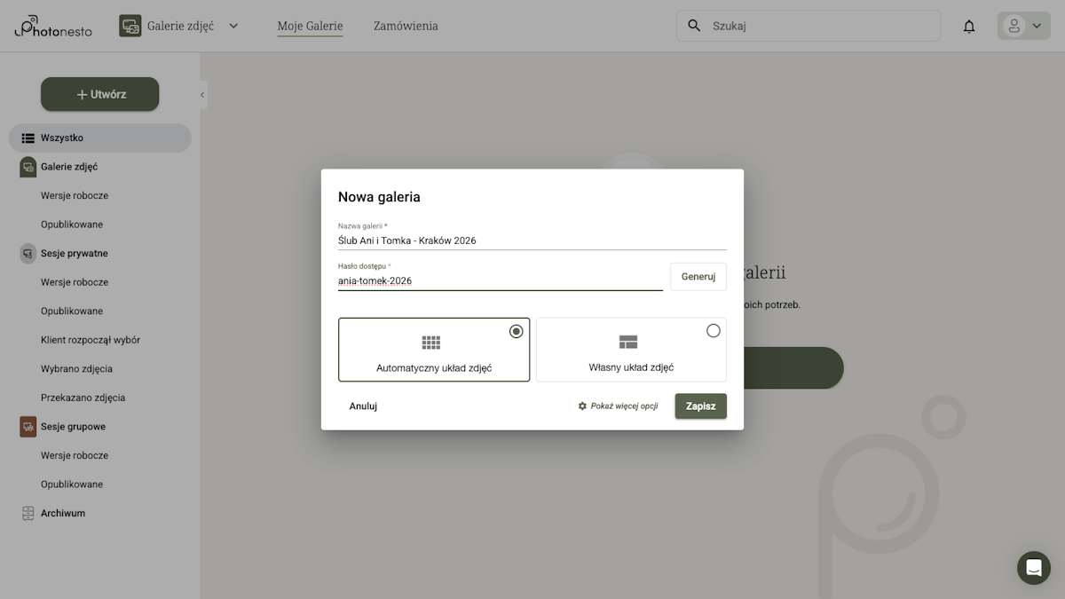 Formularz tworzenia nowej galerii z wypełnionymi polami