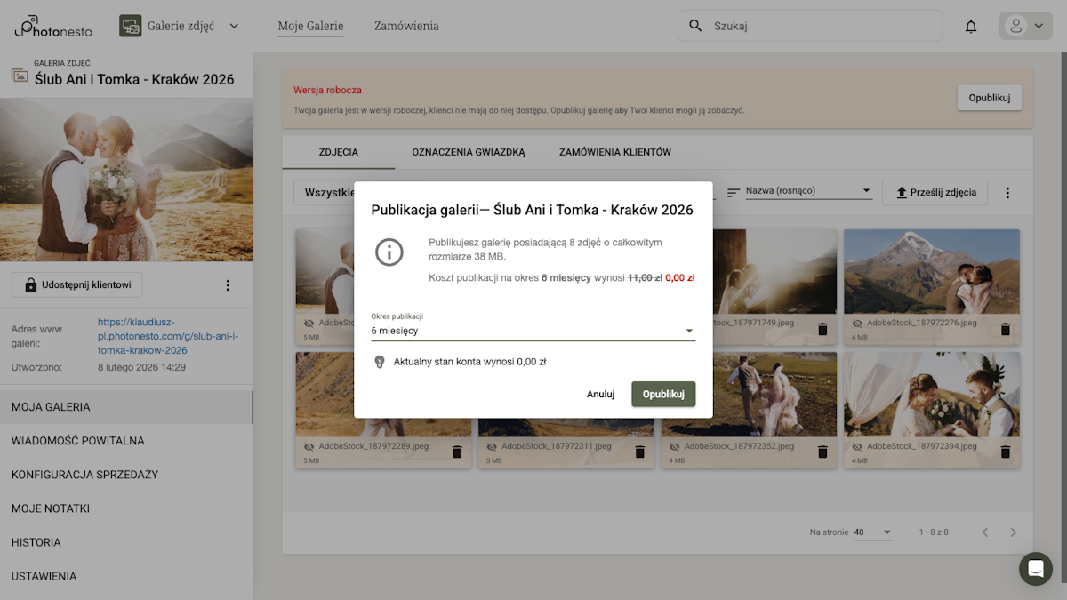 Dialog publikacji galerii z informacją o kosztach i okresie