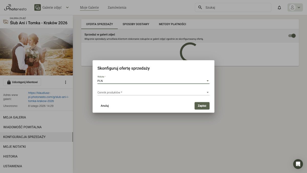Dialog konfiguracji oferty sprzedaży z wyborem waluty i cennika