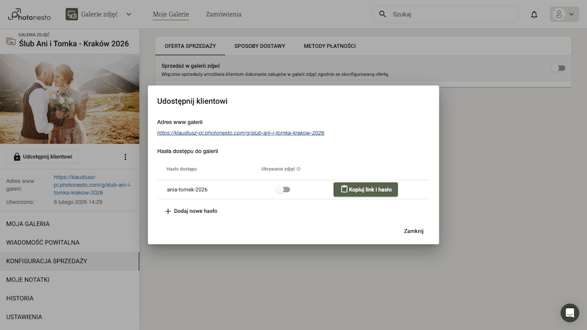 Okno udostępniania galerii z linkiem i hasłem