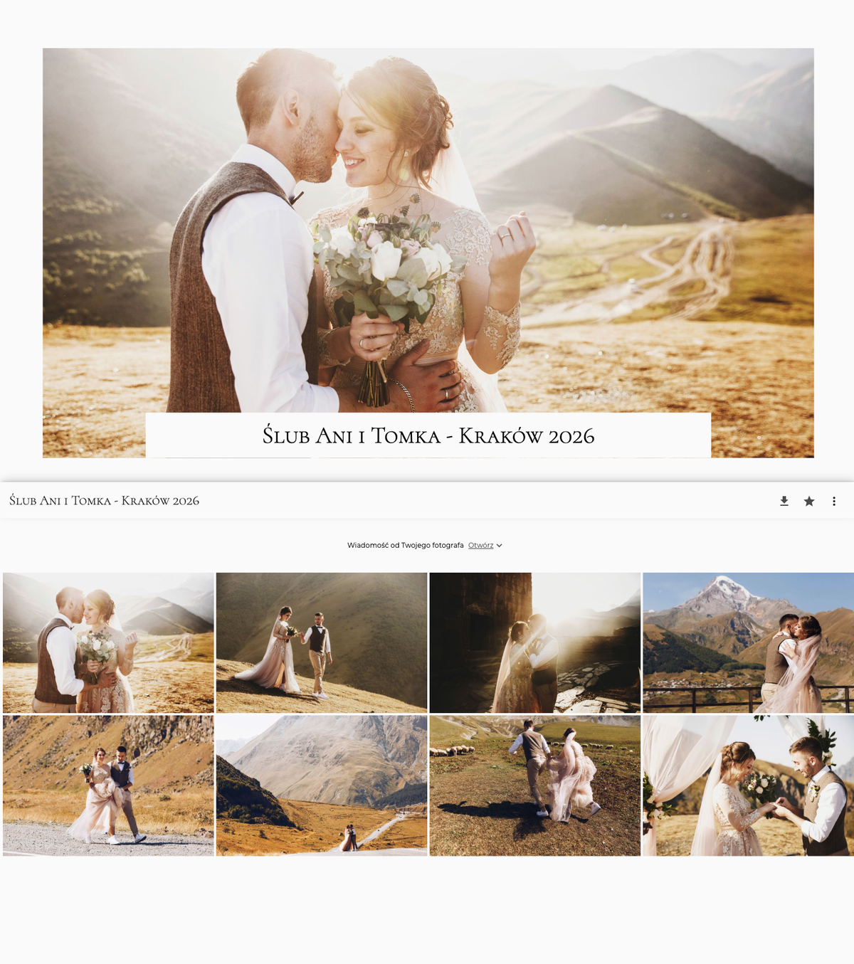 Pełny widok galerii ślubnej z okładką i siatką zdjęć