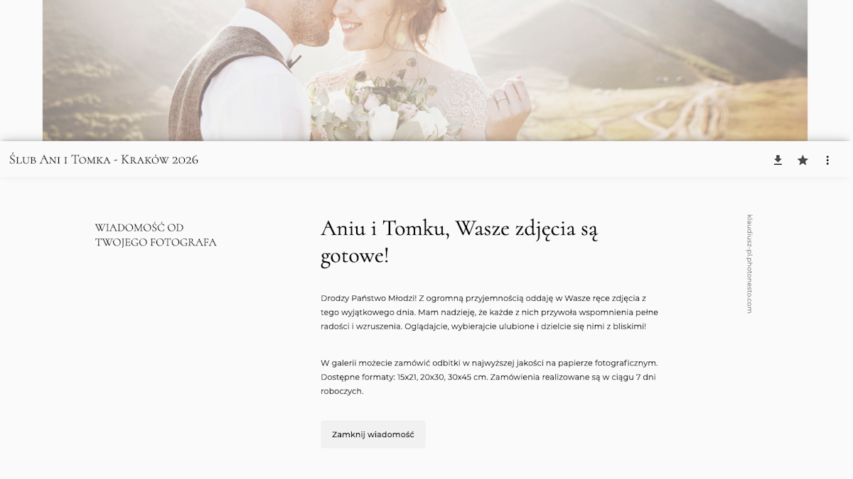 Wiadomość powitalna od fotografa widoczna w galerii klienta