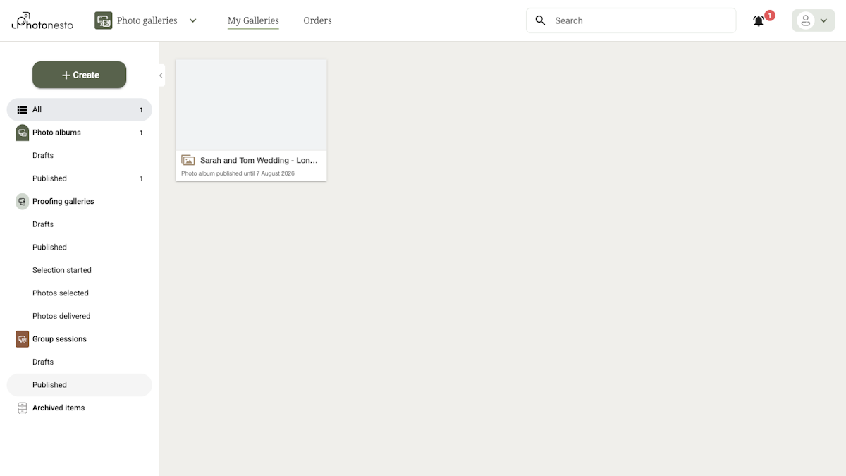 Photographer panel with the Create button in the top left corner