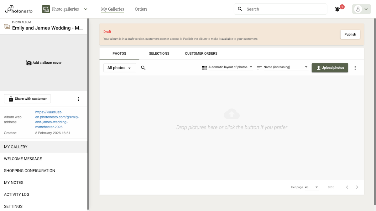 Newly created gallery with the Add a album cover button