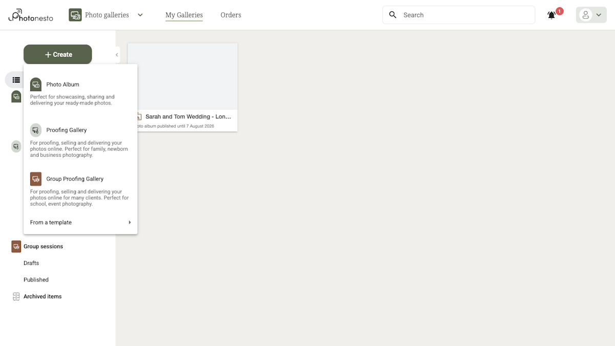 Gallery type selection menu with the Photo Album option