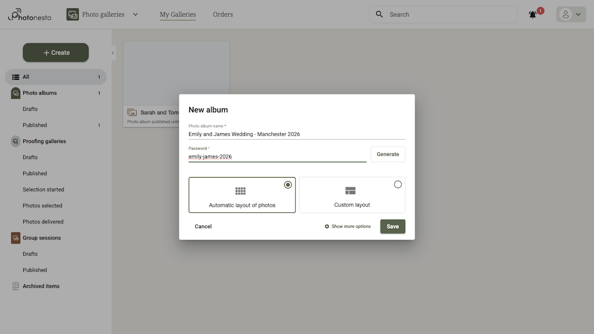 New gallery creation form with filled-in fields
