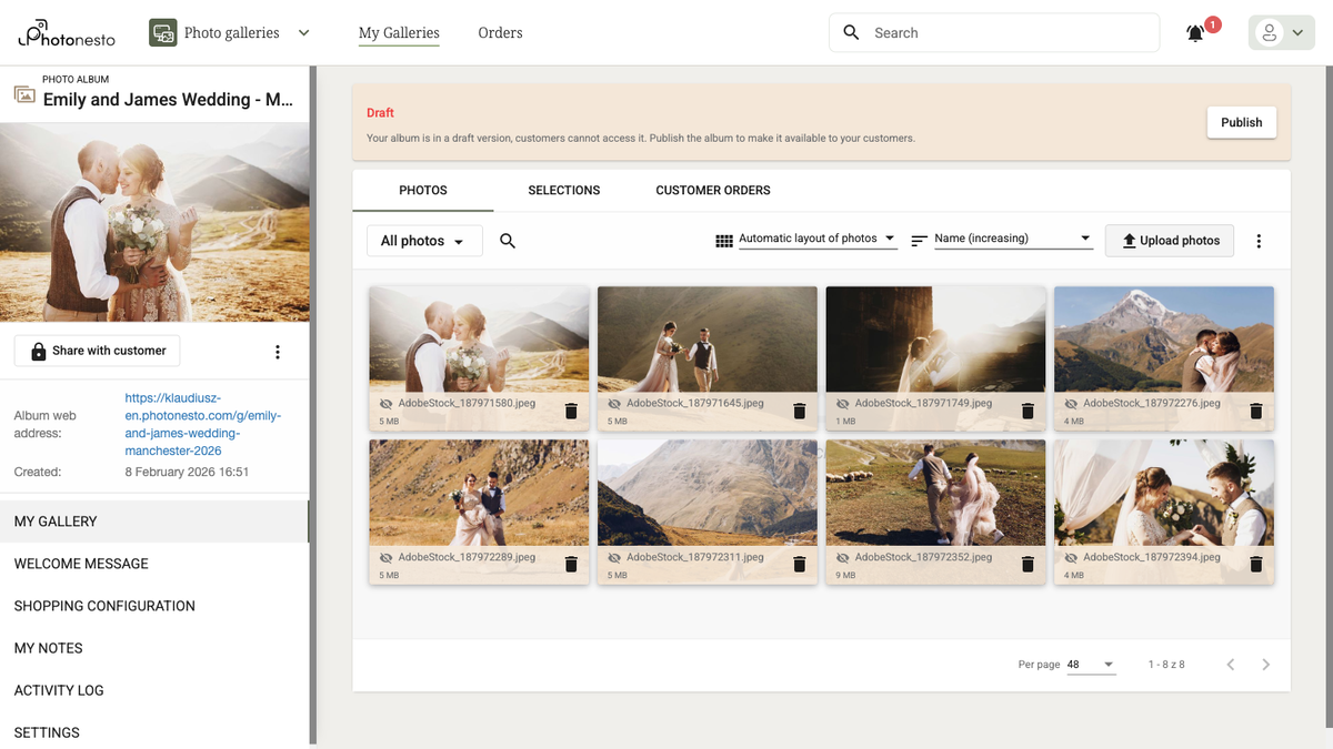 Gallery with uploaded wedding photos