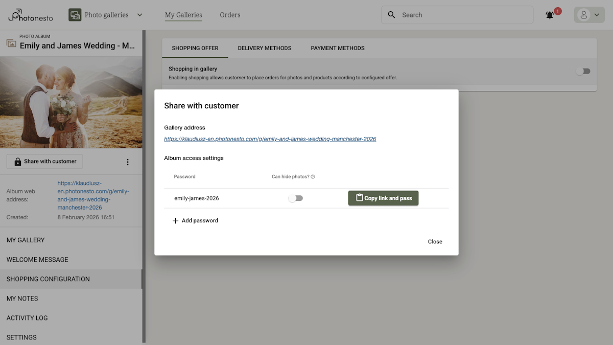 Share with customer dialog showing the link and password