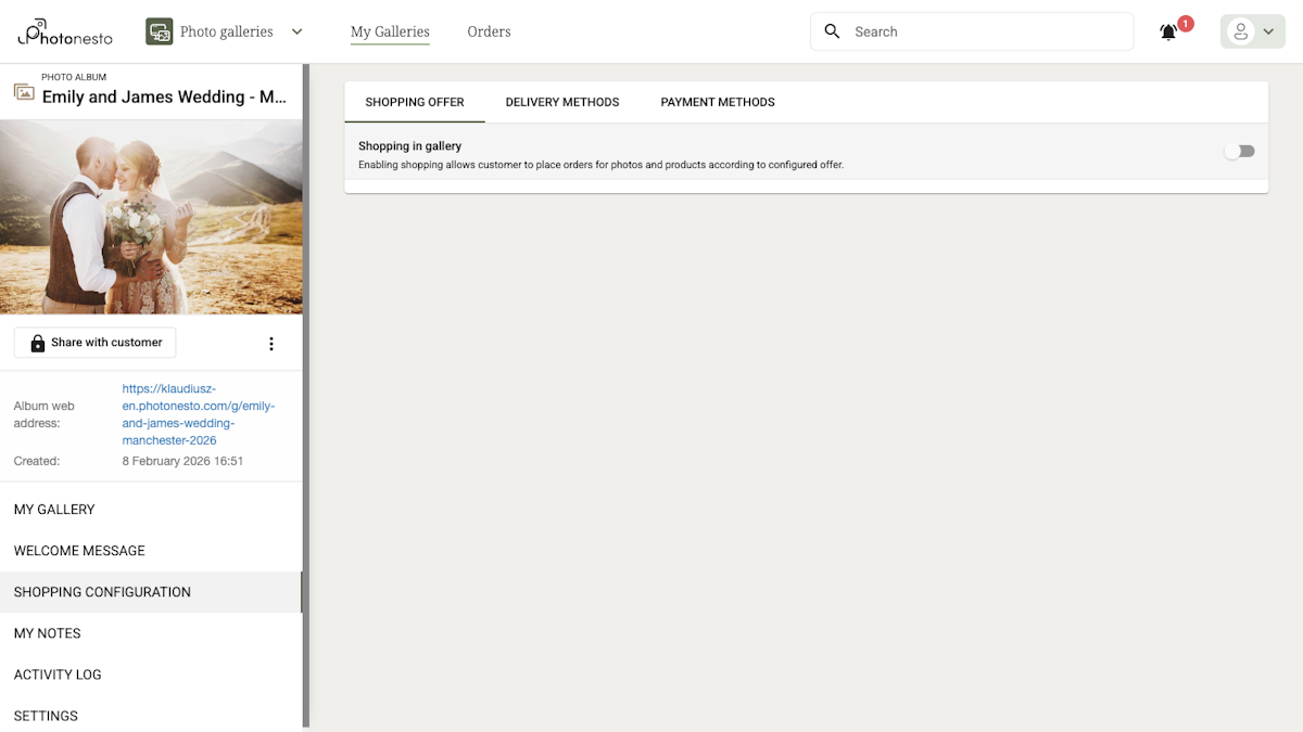 Shopping configuration section with the toggle switched off