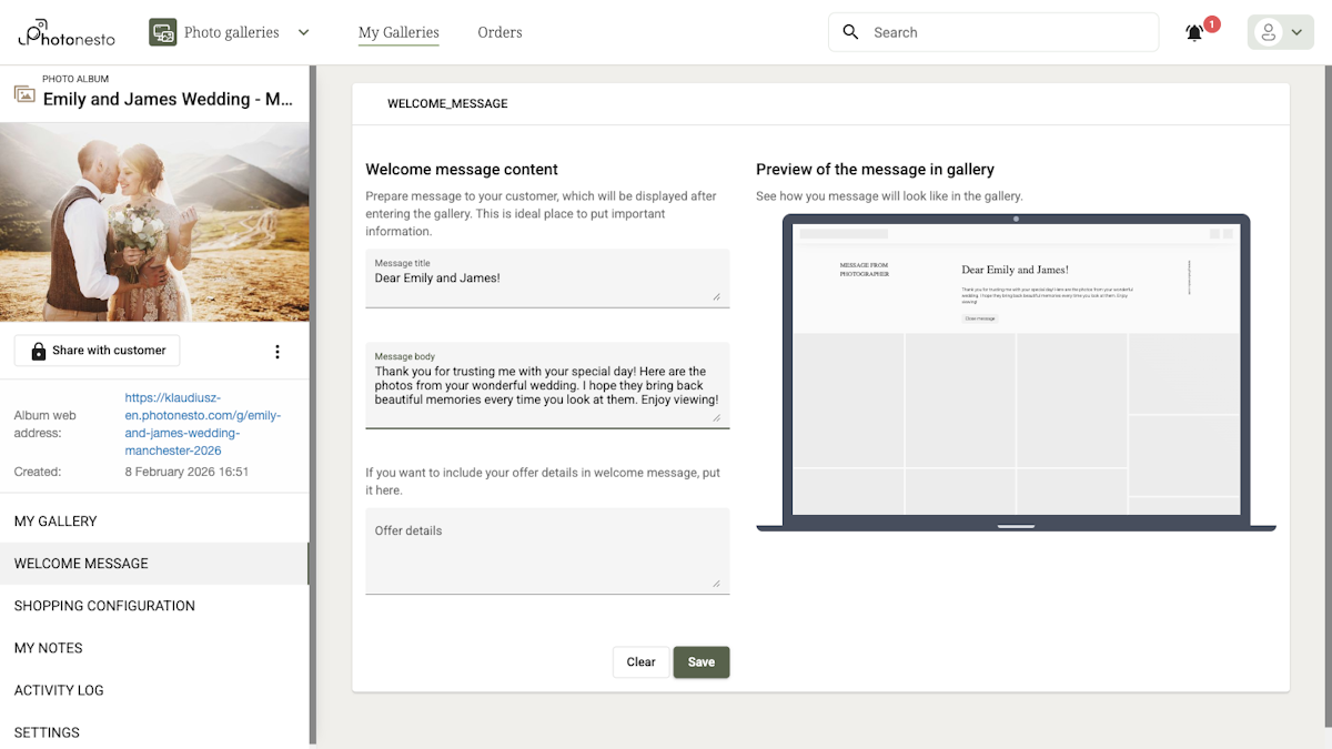 Welcome message form with live preview
