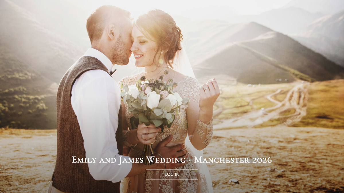 Gallery login page with wedding cover photo in full screen