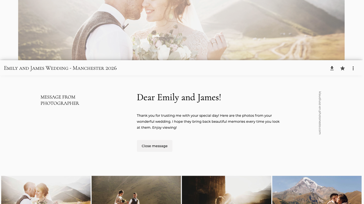 Welcome message from the photographer visible in the client gallery