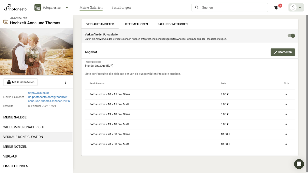 Aktivierter Verkauf mit Produktliste und Preisen