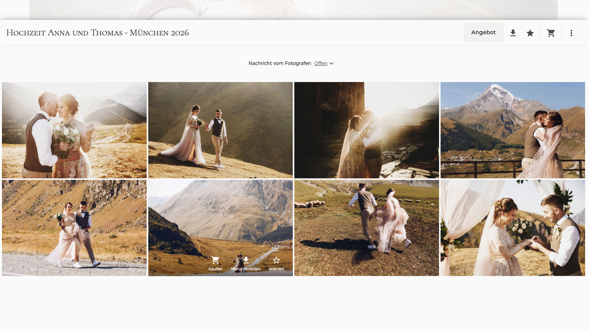 Vollansicht der Hochzeitsgalerie mit Cover und Fotoraster