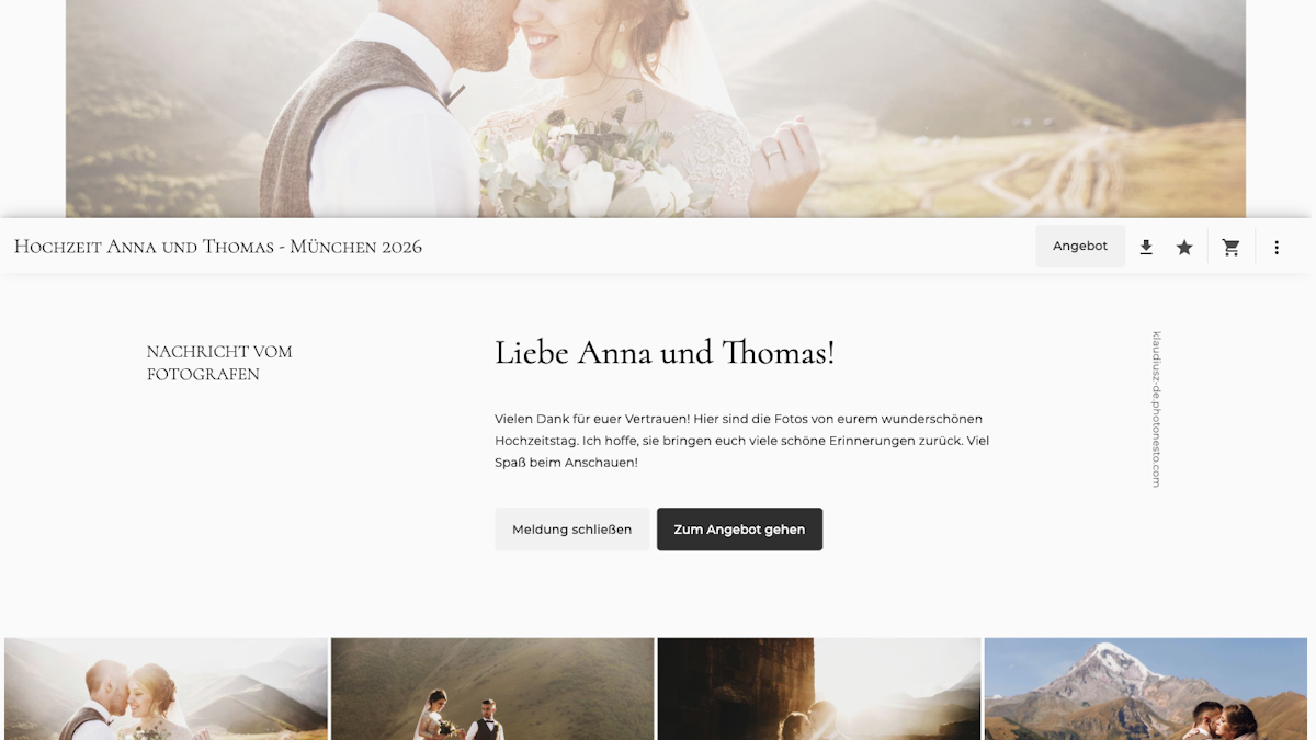 Willkommensnachricht des Fotografen in der Kundenansicht der Galerie