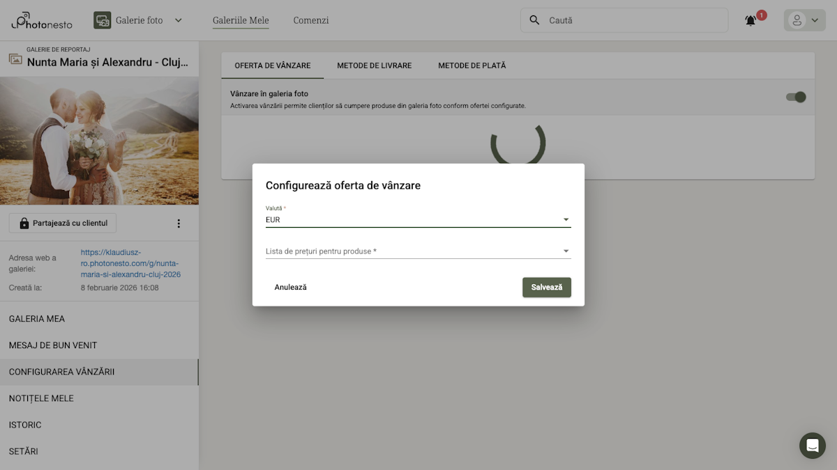 Dialogul de configurare a ofertei de vânzare cu selecția valutei și listei de prețuri